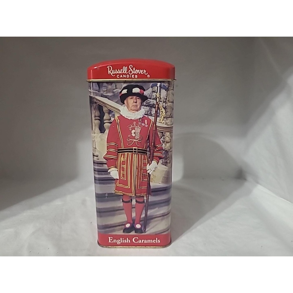 Russell Stover Candies Beefeater English Caramels Tin Coin Bank Vintage Red Gold